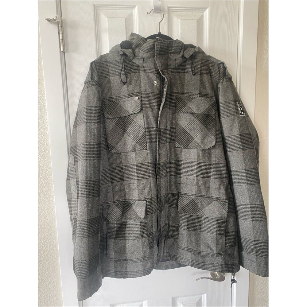 Billabong’s Men’s Gray Plaid Hooded 4 Pocket 1 inside Jacket With Adjustable Fit